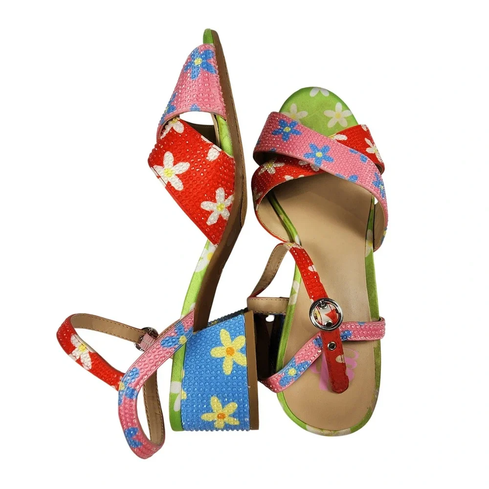 GB Gianni Bini Girls 5M Floral Rhinestone Block Heel Sandals Kidcore Party Retro